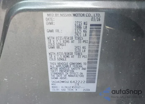 2016 Nissan Pathfinder Platinum/S/Sl/Sv from USA, damaged, VIN 5N1AR2MM5GC642222